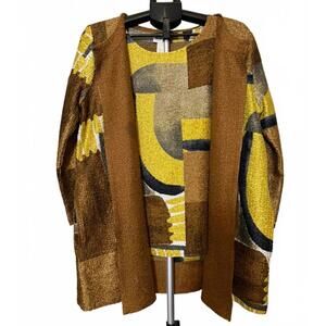 CHICOS CAMI & JACKET TWINSET 2 ABSTRACT BROWN & GOLD BLOUSE 3/4 SLEEVE 12 L NWOT